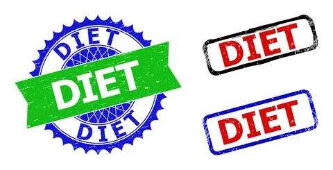 DIET Rosette and Rectangle Bicolor Watermarks with Distress Textures Stock Illustration