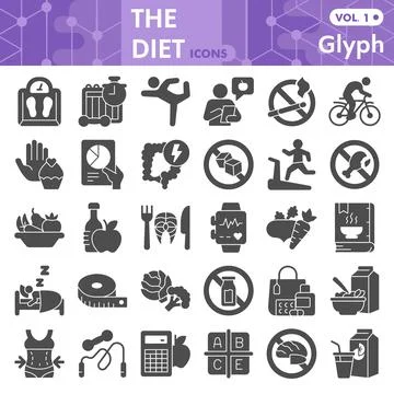 Diet solid icon set, Health food symbols collection or sketches. Fitness glyph Stock Illustration