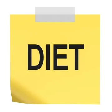 Diet sticky note, yellow reminder message. 3D rendering Illustrazione stock