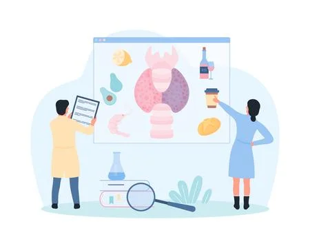 Diet for thyroid disease, endocrinology, tiny doctors advise food to relieve Stock Illustration