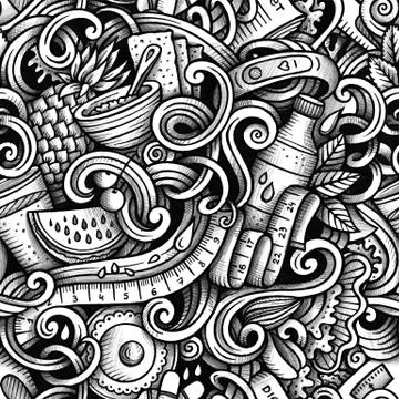Diet vector hand drawn doodles seamless pattern. Graphics background design. Stock Illustration