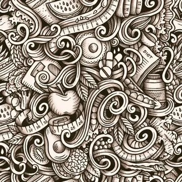 Diet vector hand drawn doodles seamless pattern. Graphics background design. Illustrazione stock