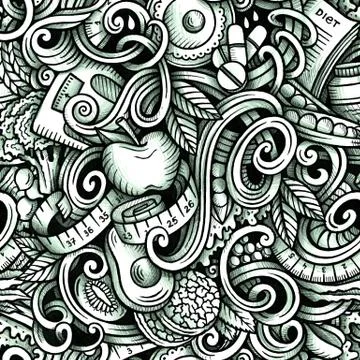 Diet vector hand drawn doodles seamless pattern. Graphics background design. Stock Illustration