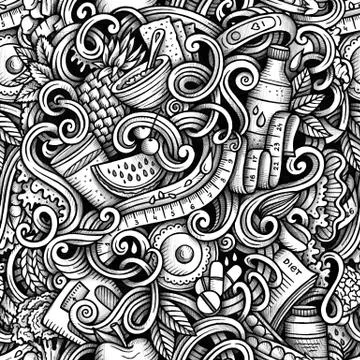 Diet vector hand drawn doodles seamless pattern. Graphics background design. Stock Illustration
