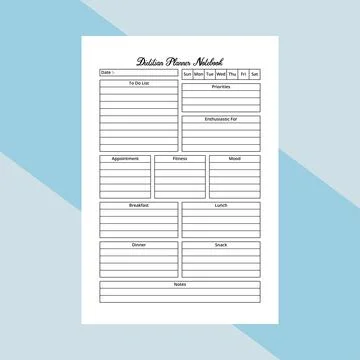 Dietitian planner KDP interior journal. Daily diet schedule paper and food .. Stock Illustration
