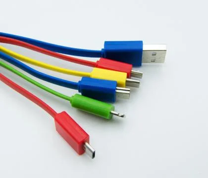 Diferent cables for computer and electronic devices on white background Stock Photos