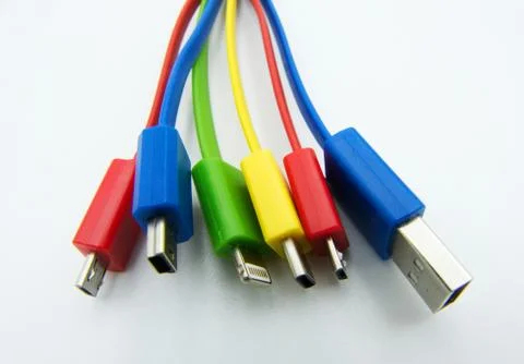 Diferent cables for computer and electronic devices on white background Stock Photos