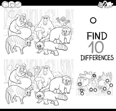 Difference activity with animals Black and White Cartoon Illustration of F... Foto stock