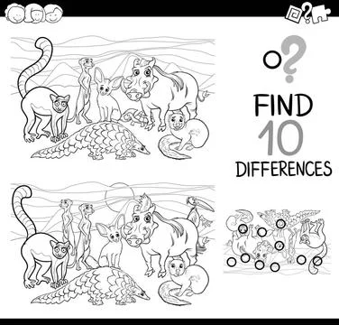 Difference activity with animals Black and White Cartoon Illustration of F... Foto stock