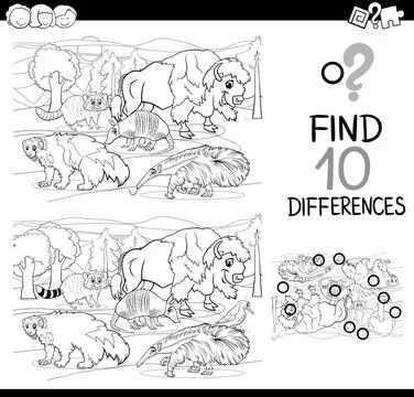 Difference activity with animals Black and White Cartoon Illustration of F... Foto stock