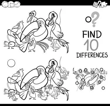 Difference activity with birds Black and White Cartoon Illustration of Fin... Foto stock