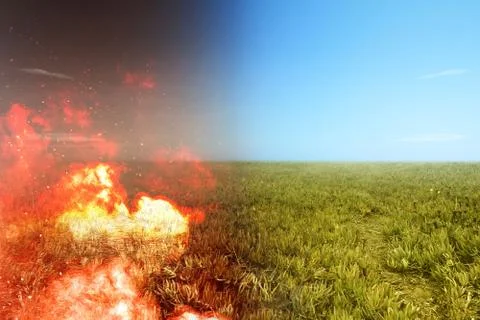 The difference between burning ground and fertile soil on the field Stock Photos