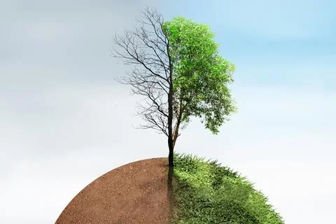 The difference between drought trees to growing trees on the ground with di.. 写真素材