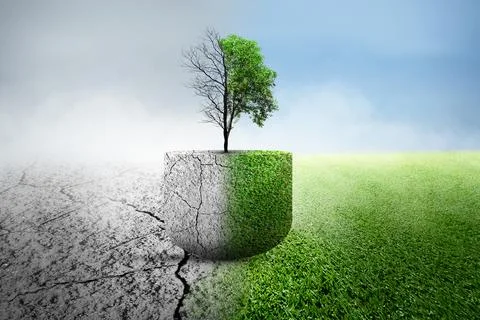 The difference between drought trees to growing trees on the ground with di.. 写真素材