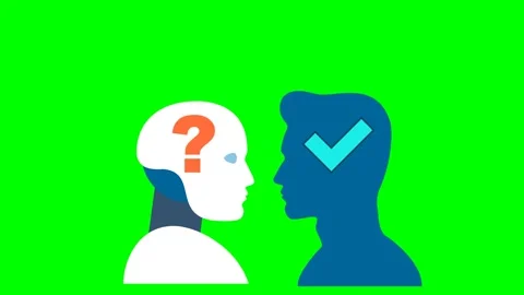 Difference between a robot and man. AI vs human mind, new ideas, question marks Stock Footage 312279215