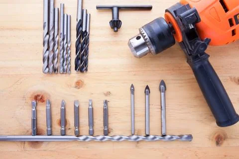 Difference countersinks and a drill on the table Stock Photos