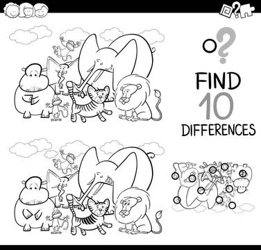 Difference game with animals Black and White Cartoon Illustration of Findi... Foto stock