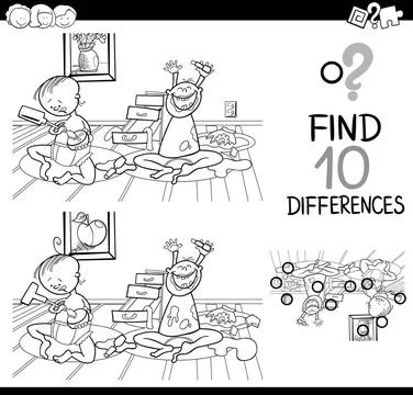 Difference game for coloring Black and White Cartoon Illustration of Findi... Foto stock