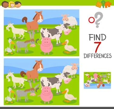 Difference game with farm animals group Cartoon Illustration of Finding Se... Foto stock