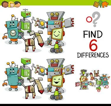 Difference game with robots Cartoon Illustration of Finding the Difference... Foto stock