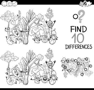 Difference game with vegetables Black and White Cartoon Illustration of Fi... Foto stock