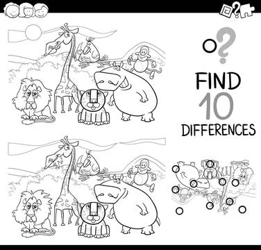 Difference game with wild animals Black and White Cartoon Illustration of ... Foto stock