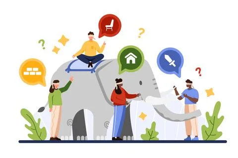 Difference of perception metaphor, blindfolded people touching elephant in dark Illustration