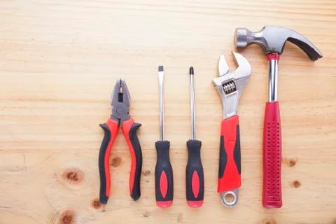 Difference tools on the wood table Stock Photos