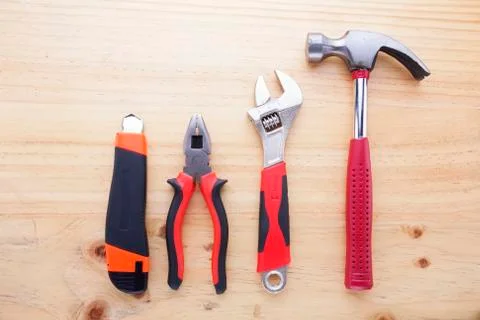 Difference tools on the wood table Stock Photos