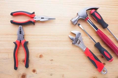 Difference tools on the wood table Stock Photos