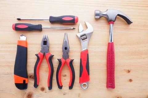 Difference tools on the wood table Stock Photos