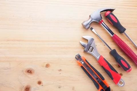 Difference tools on the wood table Stock Photos