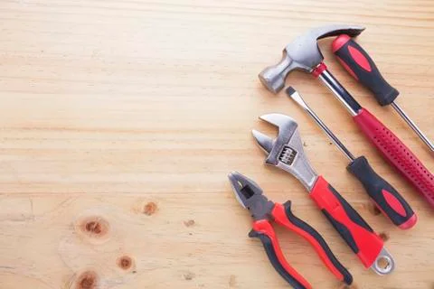 Difference tools on the wood table Stock Photos