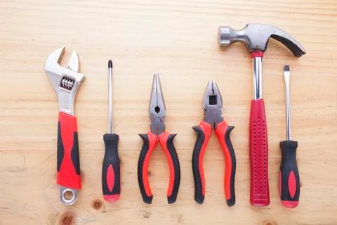 Difference tools on the wood table Stock Photos