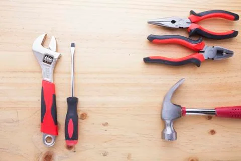 Difference tools on the wood table Stock Photos
