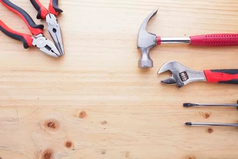 Difference tools on the wood table Stock Photos