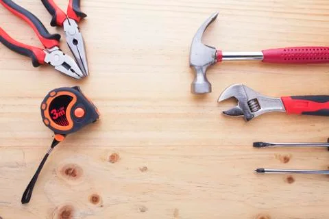 Difference tools on the wood table Stock Photos