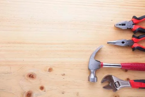 Difference tools on the wood table Stock Photos