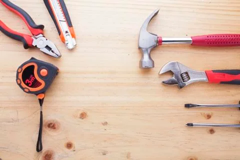Difference tools on the wood table Stock Photos