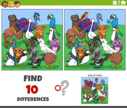 Differences activity with cartoon birds characters group Stock Illustration