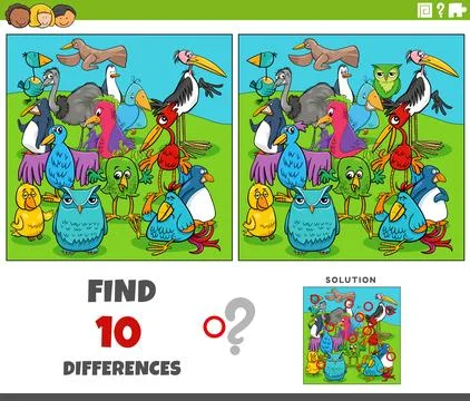 Differences activity with cartoon birds characters group Stock Illustration
