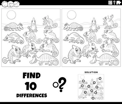 Differences activity with cartoon chameleons animal characters group colori.. Stock Illustration