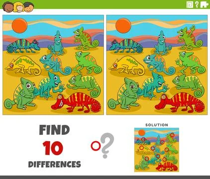 Differences activity with cartoon chameleons animal characters group Stock Illustration
