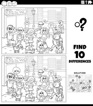 Differences activity with cartoon children in the city coloring page Stock Illustration