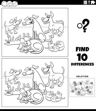 Differences activity with cartoon dogs coloring page Black and white carto... Stock Photos