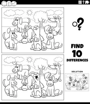 Differences activity with cartoon dogs coloring page Black and white carto... Stock Photos