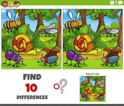 Differences activity with cartoon insects characters and snail Cartoon ill... Stock Photos