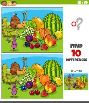 Differences activity with cartoon insects characters and fruit Cartoon ill... Stock Photos