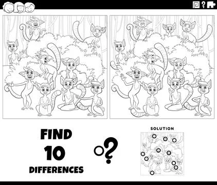 Differences activity with cartoon lemurs animal characters group coloring pag Stock Illustration
