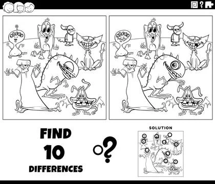 Differences activity with cartoon monsters coloring page Black and white c... 스톡 사진
